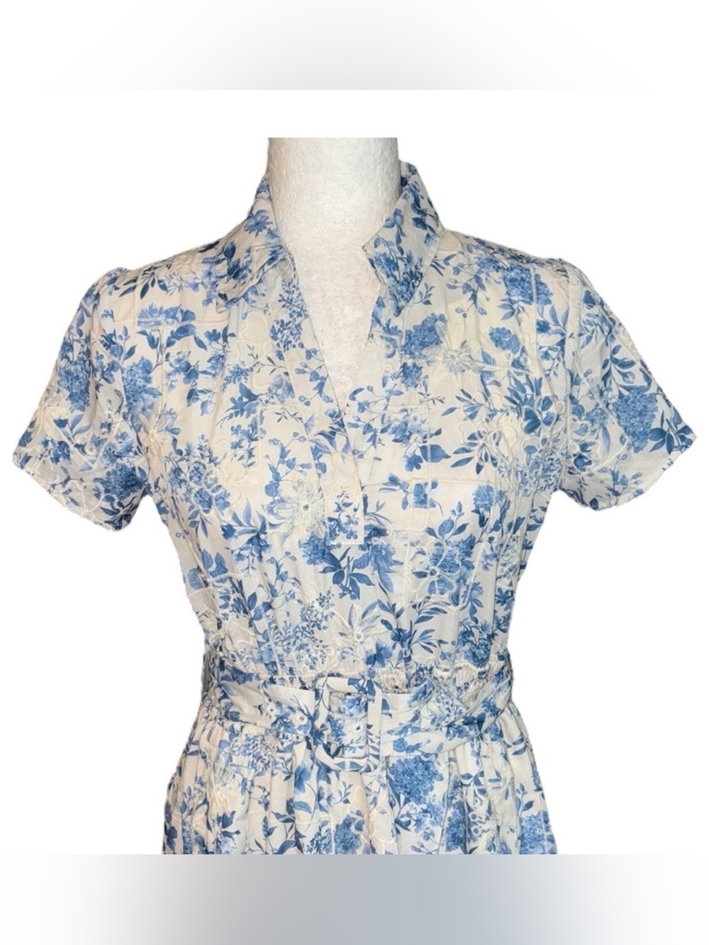 Joie Blue & Off White Embroidered Floral Print Belted A-Line Midi Dress